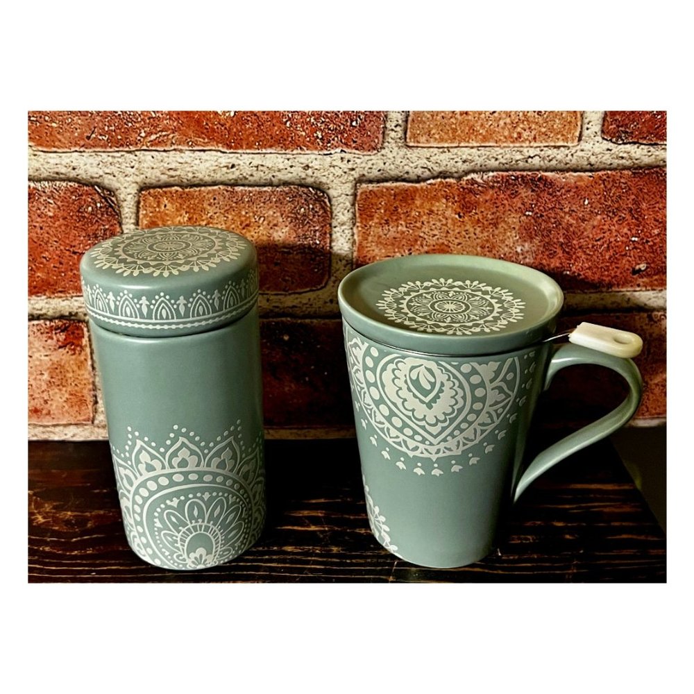 Cypress Refresh Ceramic Tea Cup w/ Infuser, Lid/Coaster & Canister Set (New)